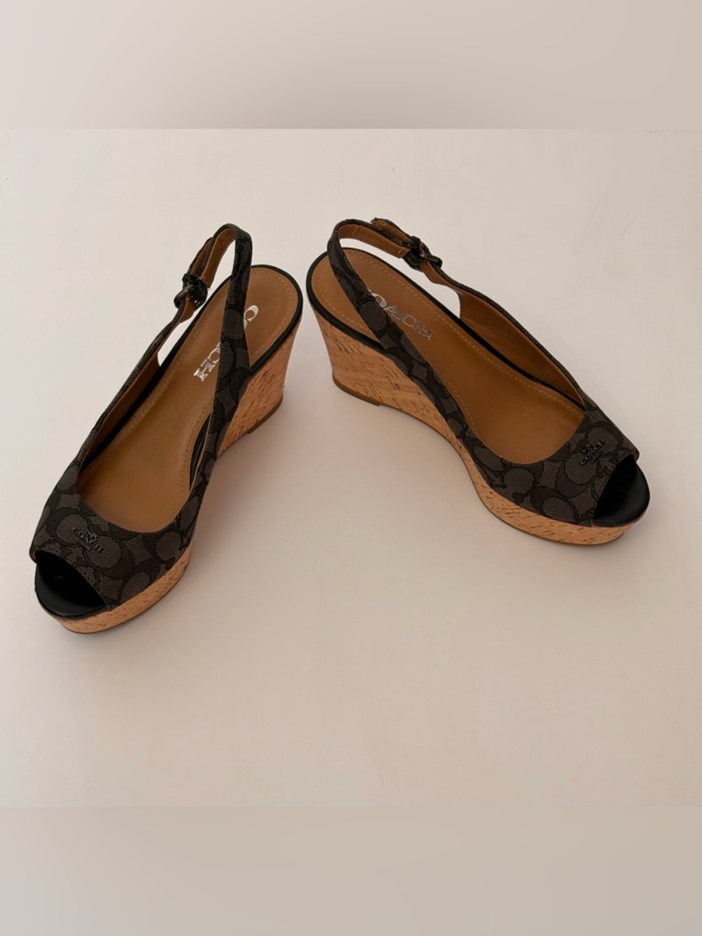 Coach Ferry Smoke Black Signature Open Toe Cork Wedge Heel Sandals Size 7.5B